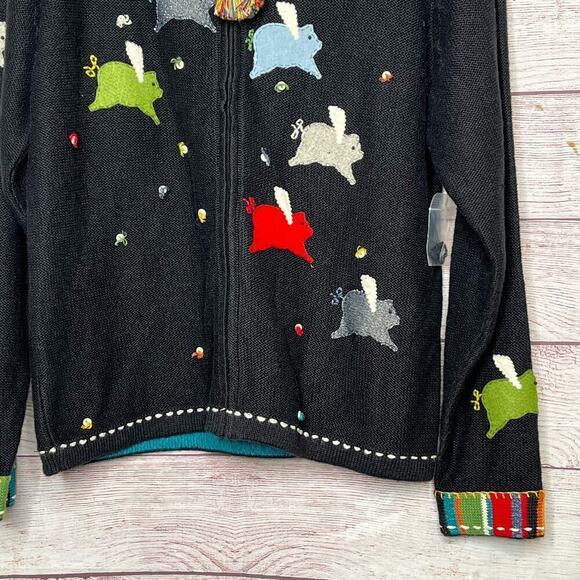 Vintage Susan Bristol Flying Pigs Embroidered Zip Cardigan Jacket Size Small - Picture 6 of 11